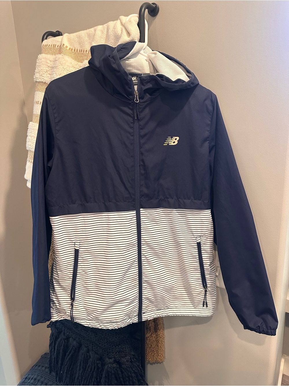 —SOLD—New Balance Navy and White Striped Wind Breaker